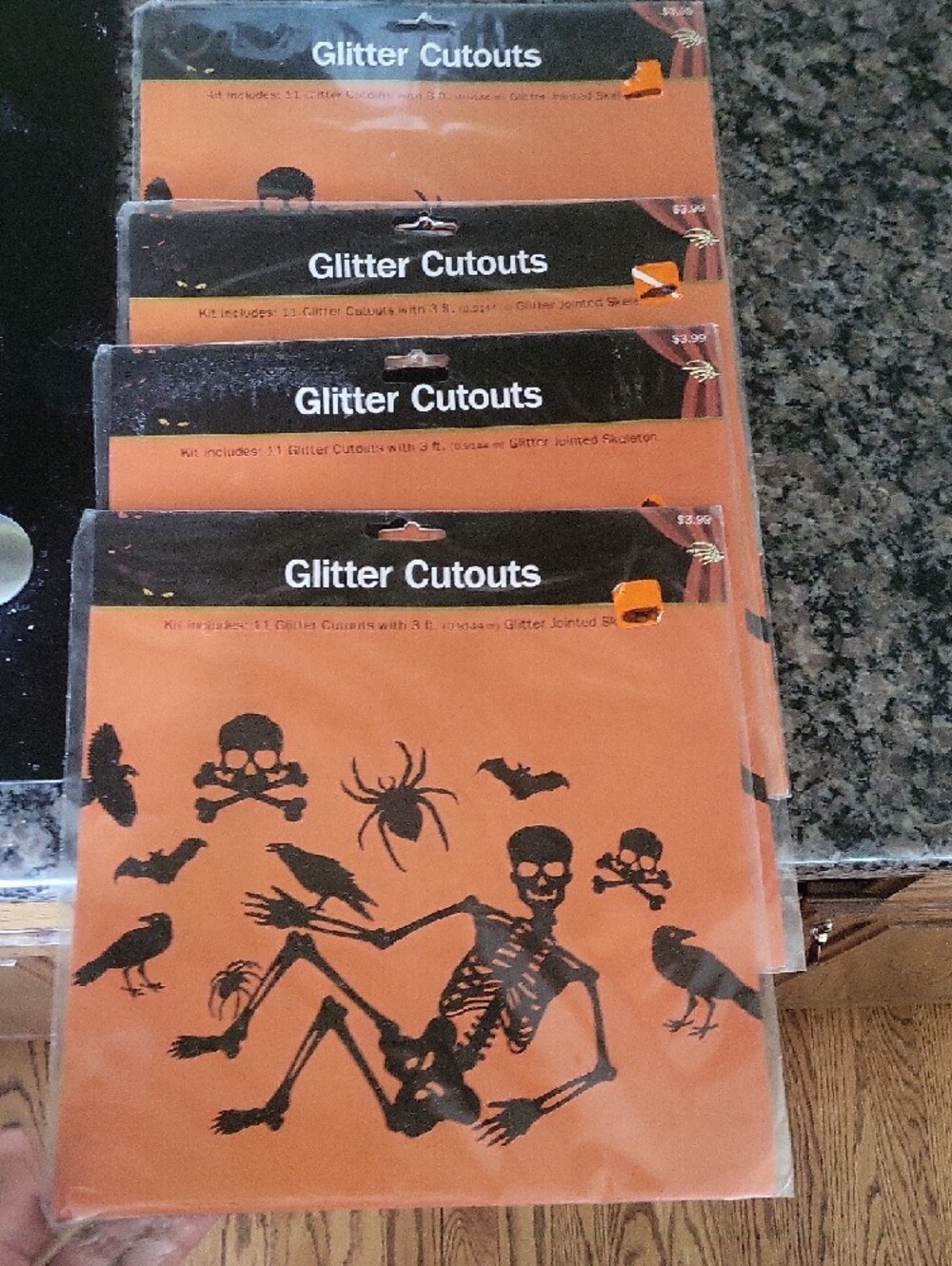 Lot Of 4 Glitter Cutouts Halloween Skeleton & Bats - Orange and Black Nwt